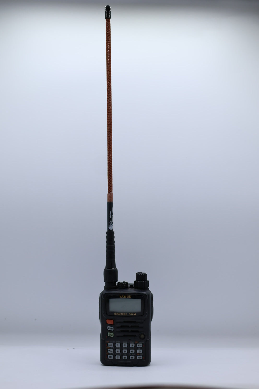 Foul Weather Whip V2 1.25m/70cm dual band in Coyote Brown on a Yaesu VX-6