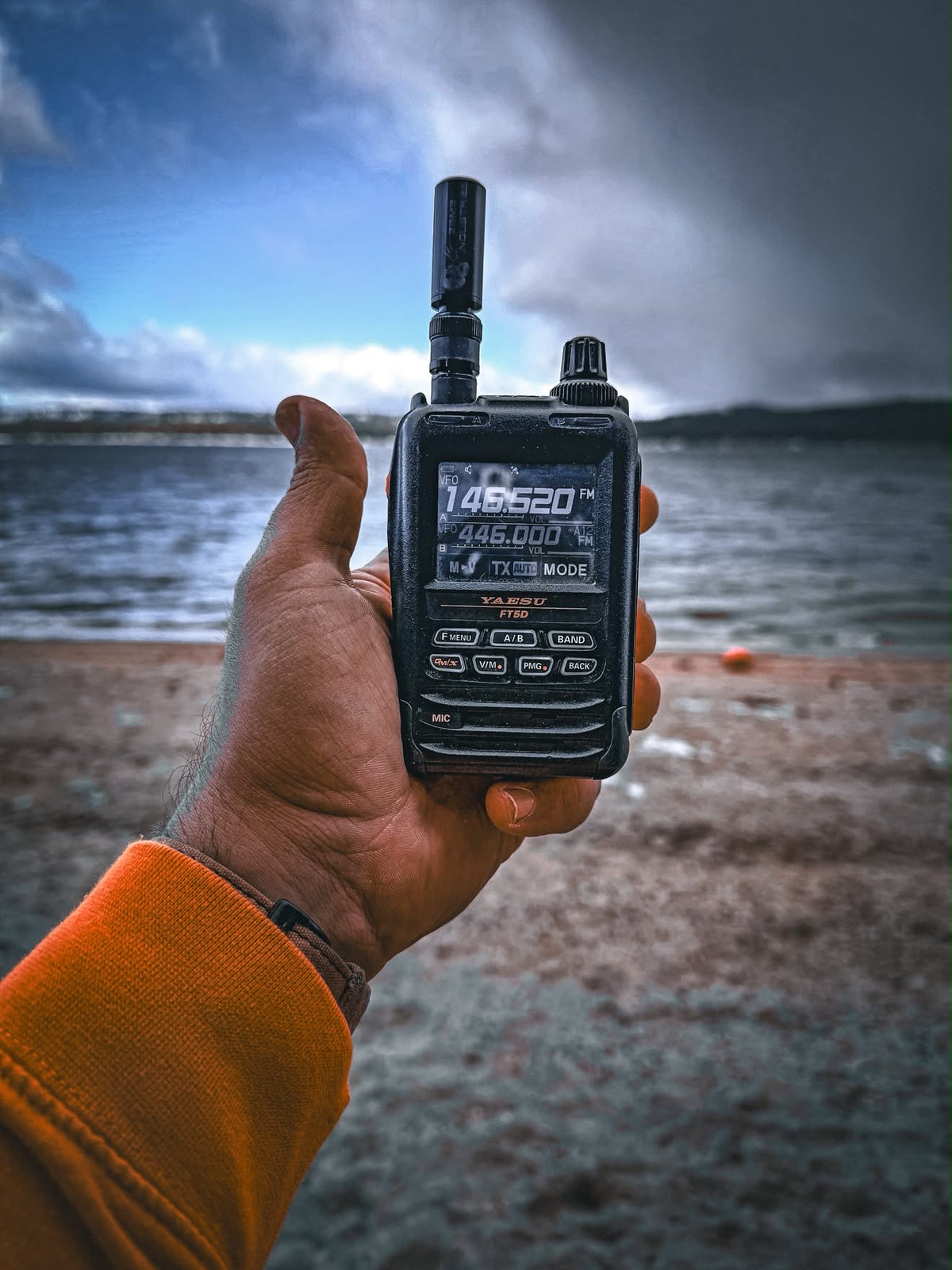 Yaesu FT5D handheld on 146.520 at a stormy lakeshore