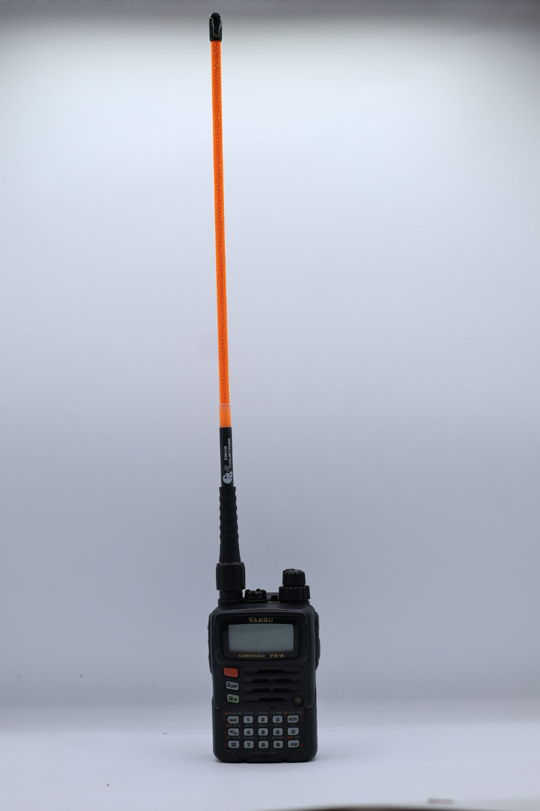 Foul Weather Whip V2 1.25m/70cm dual band in Hunter Orange on a Yaesu VX-6