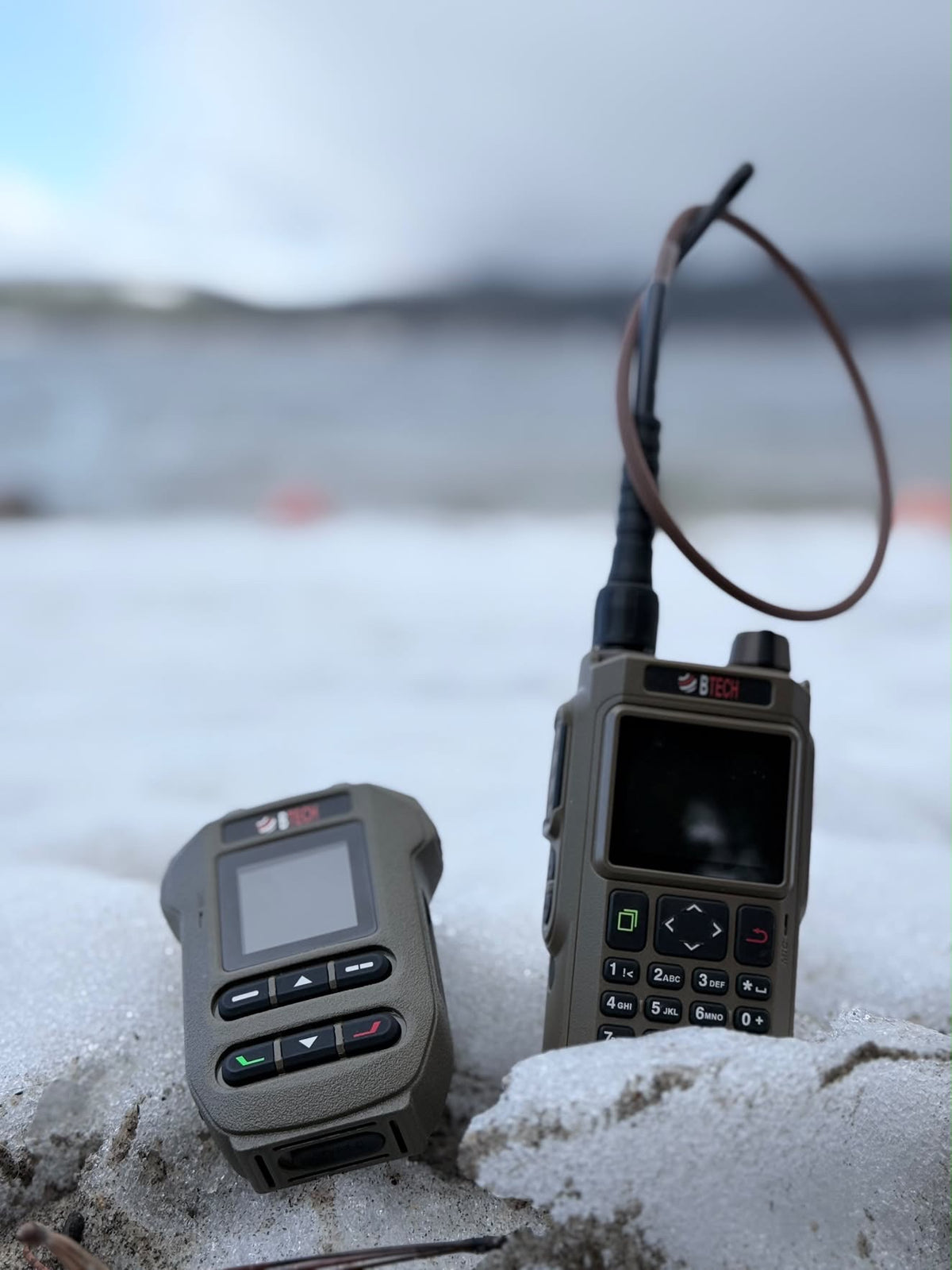 BTECH radios in snow with Foul Weather Whip looped