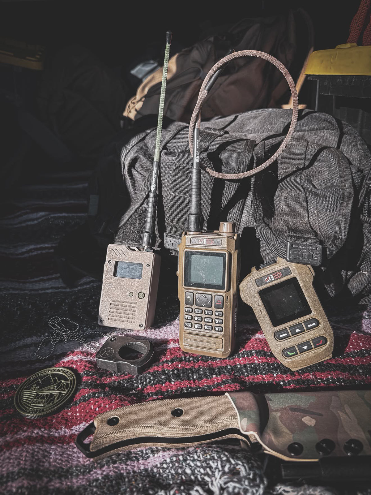 UV-PRO, mesh node and BTECH remote each fitted with ZBM2 whip antennas