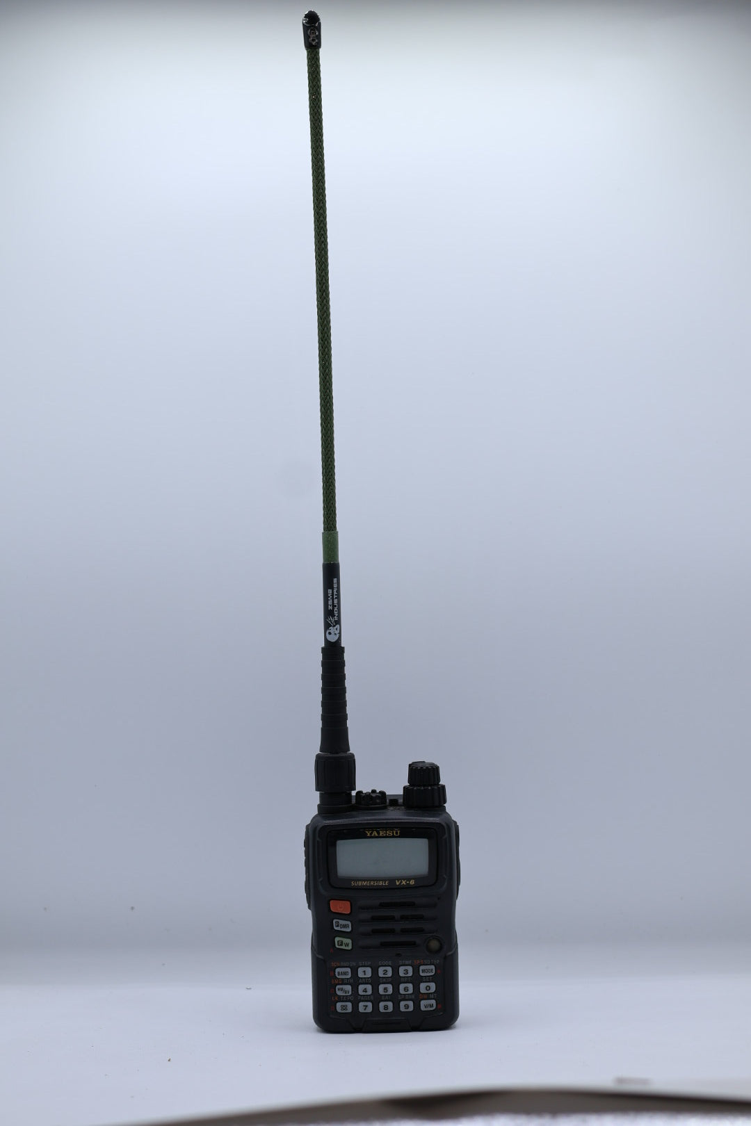 Foul Weather Whip V2 1.25m/70cm dual band in OD Green on a Yaesu VX-6, alternate view