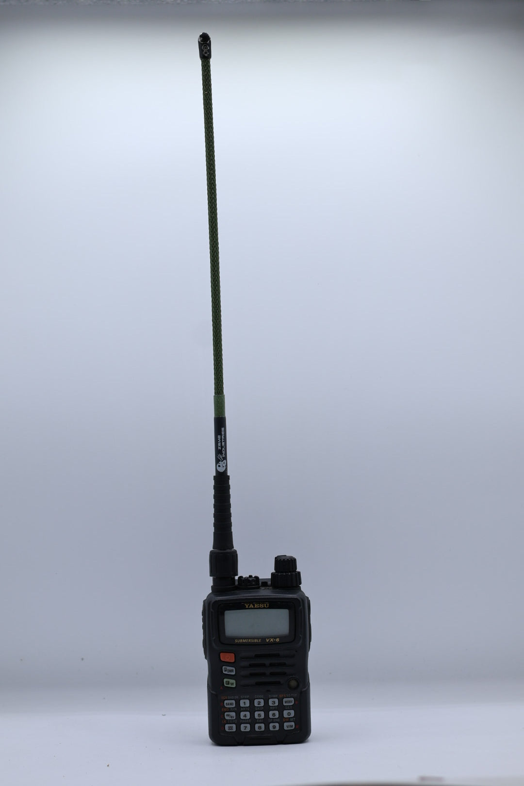 Foul Weather Whip V2 1.25m/70cm dual band in OD Green on a Yaesu VX-6